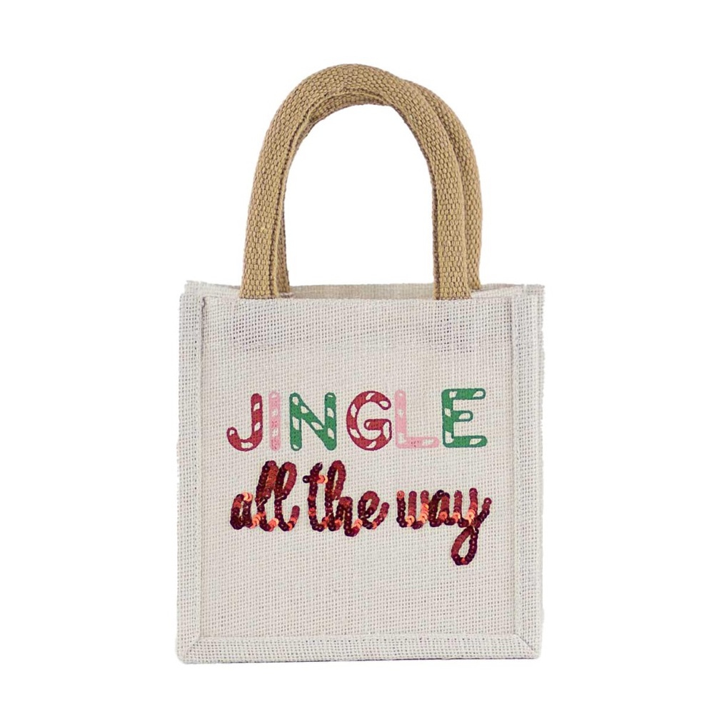Holiday Jute Tote Bag - Cream with Festive Design